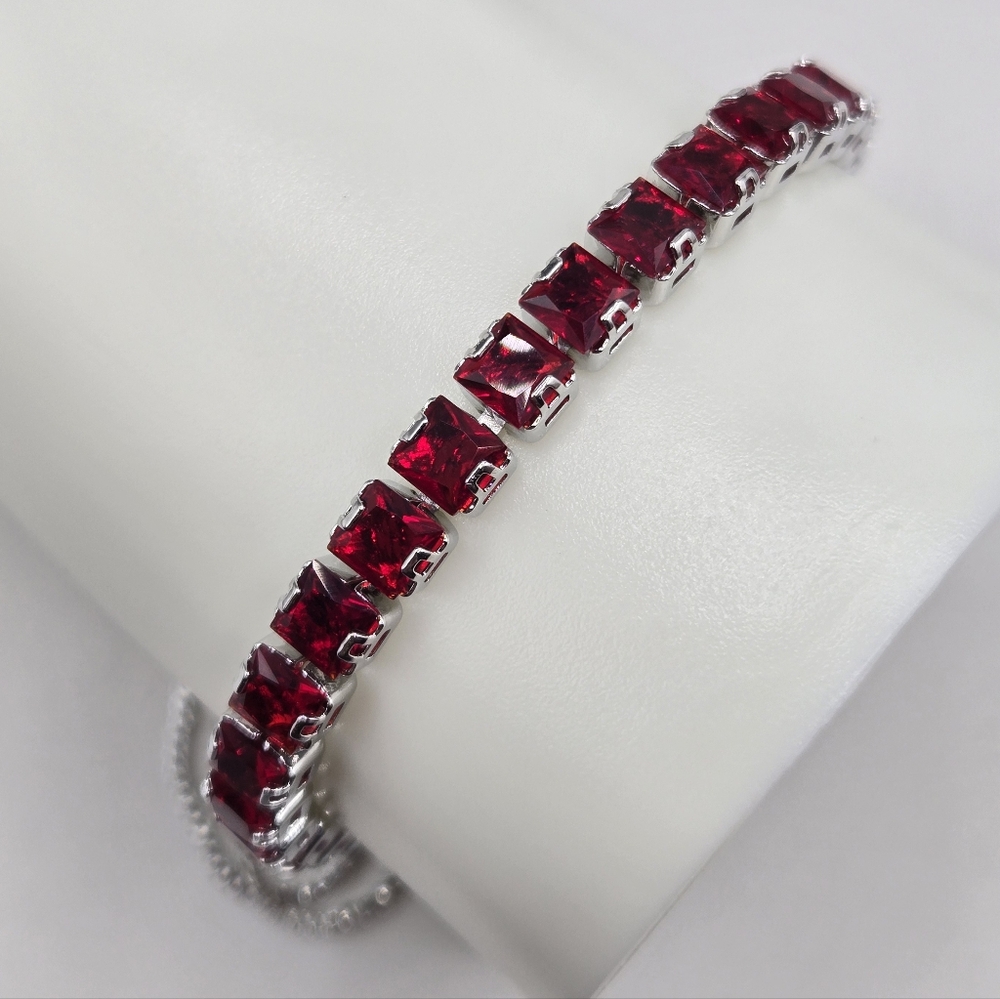 Silver Bracelet with Red Square Stones - Women Jewelry - Picture 7 of 9